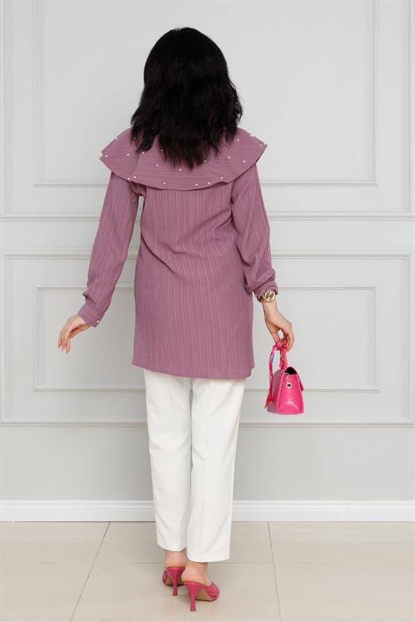 سترة واسعة مرصعة باللؤلؤ - لون وردي