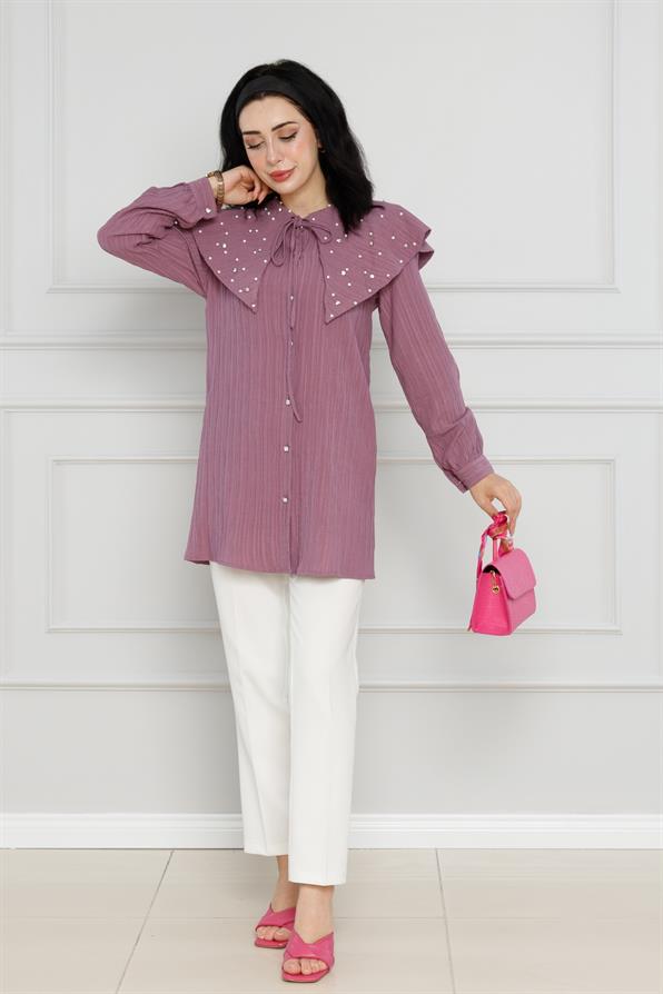 سترة واسعة مرصعة باللؤلؤ - لون وردي