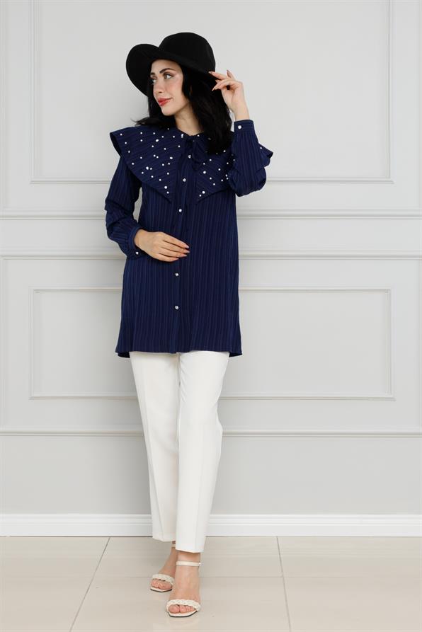 سترة واسعة مرصعة باللؤلؤ - لون ازرق داكن