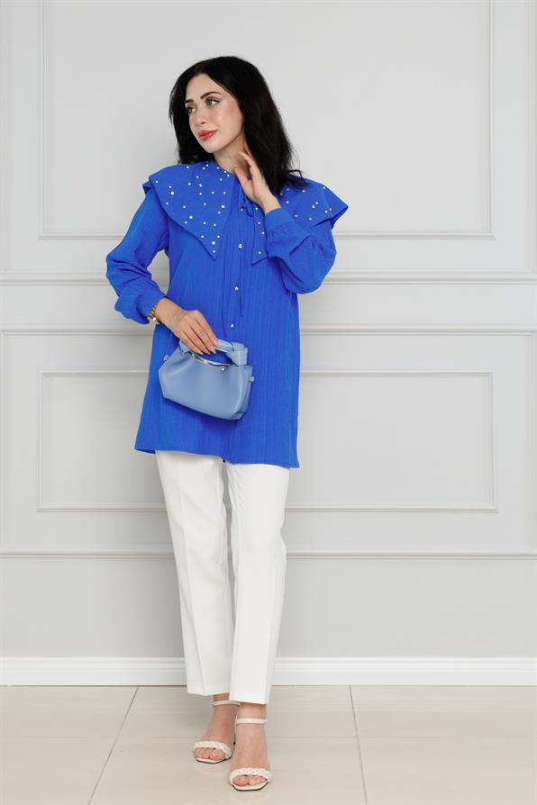 سترة واسعة مرصعة باللؤلؤ - لون الأزرق