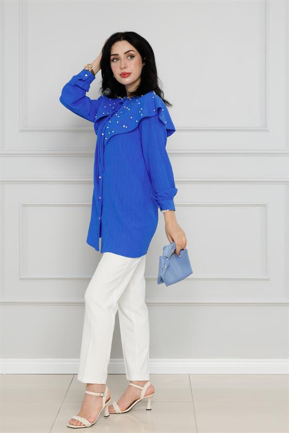 سترة واسعة مرصعة باللؤلؤ - لون الأزرق