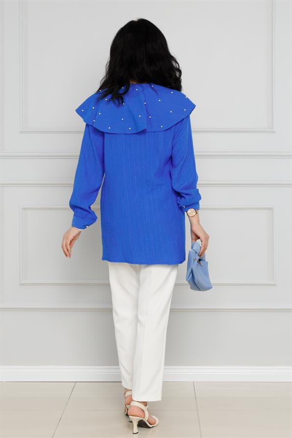 سترة واسعة مرصعة باللؤلؤ - لون الأزرق