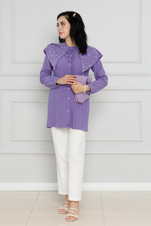 سترة واسعة مرصعة باللؤلؤ - لون بنفسجي