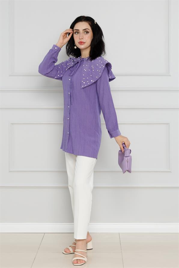 سترة واسعة مرصعة باللؤلؤ - لون بنفسجي