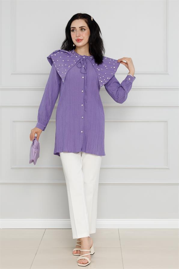 سترة واسعة مرصعة باللؤلؤ - لون بنفسجي