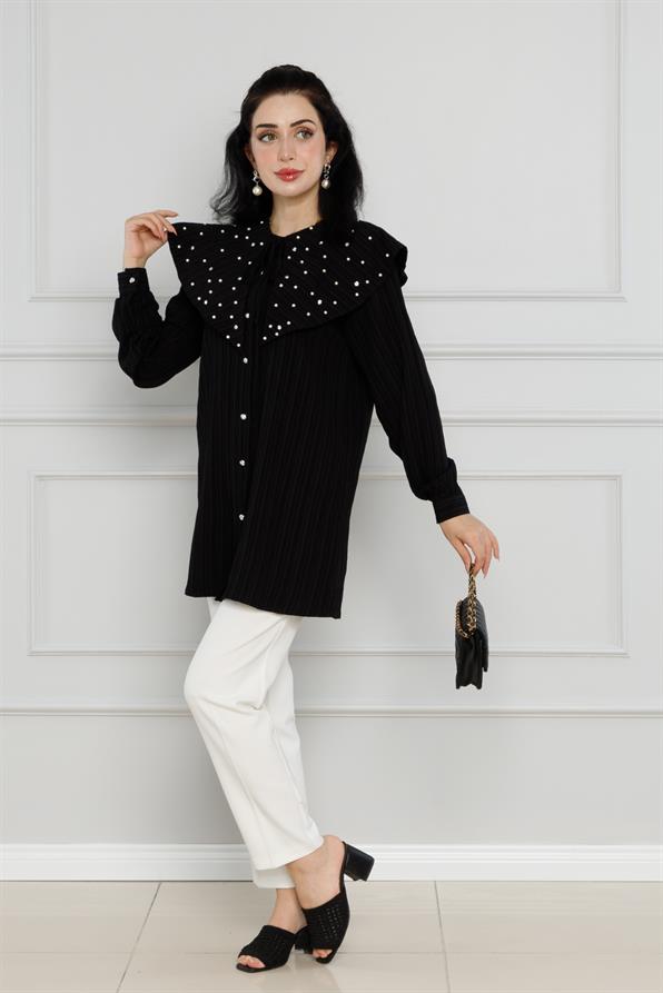 سترة واسعة مرصعة باللؤلؤ - لون اسود