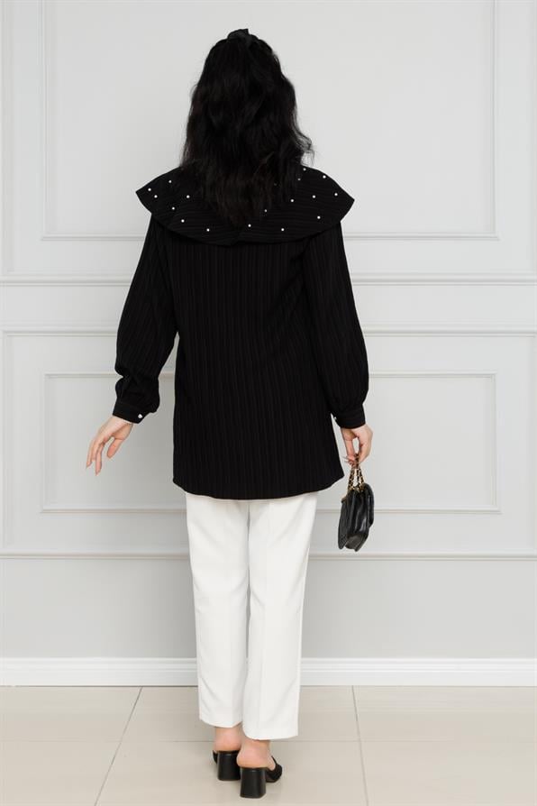 سترة واسعة مرصعة باللؤلؤ - لون اسود