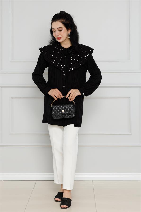 سترة واسعة مرصعة باللؤلؤ - لون اسود