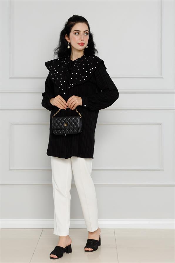 سترة واسعة مرصعة باللؤلؤ - لون اسود