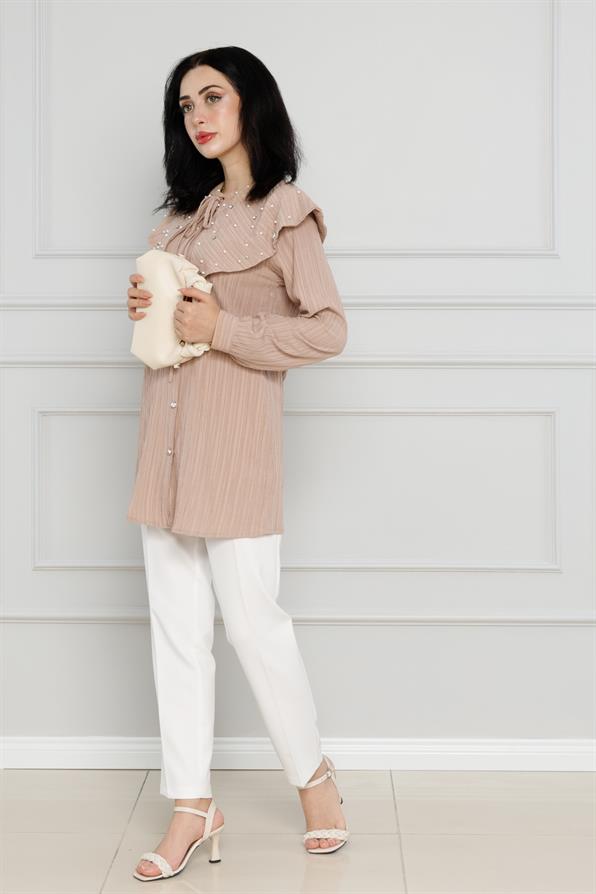 سترة واسعة مرصعة باللؤلؤ - لون المينك