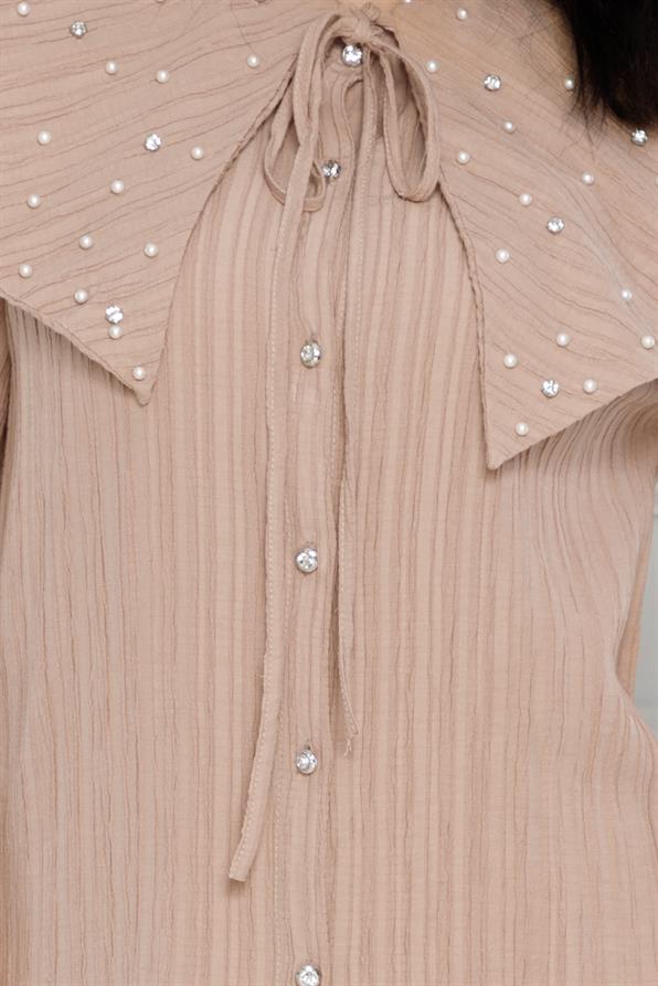 سترة واسعة مرصعة باللؤلؤ - لون المينك