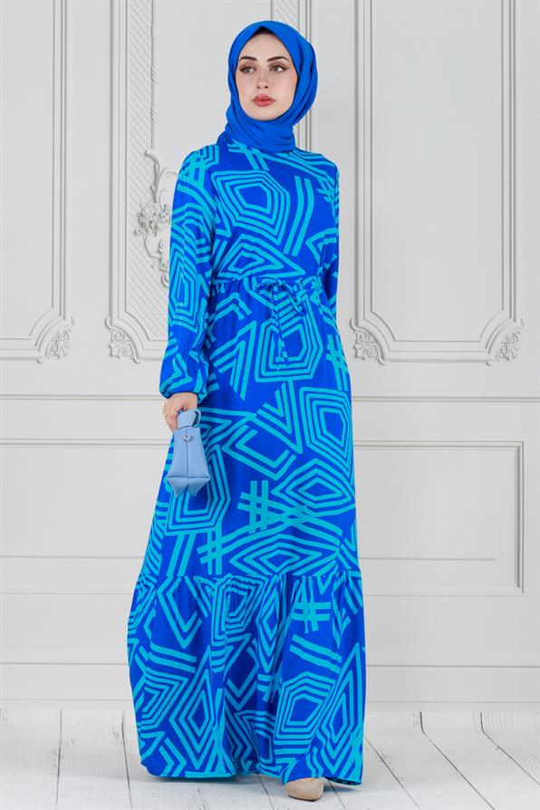 فستان فيسكوز منقوش هندسيًا  - لون أزرق