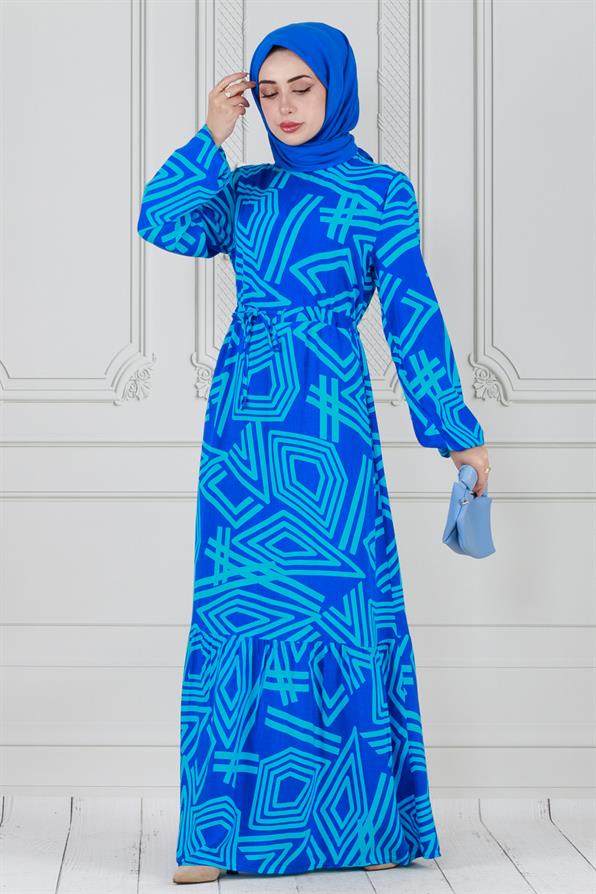 فستان فيسكوز منقوش هندسيًا  - لون أزرق