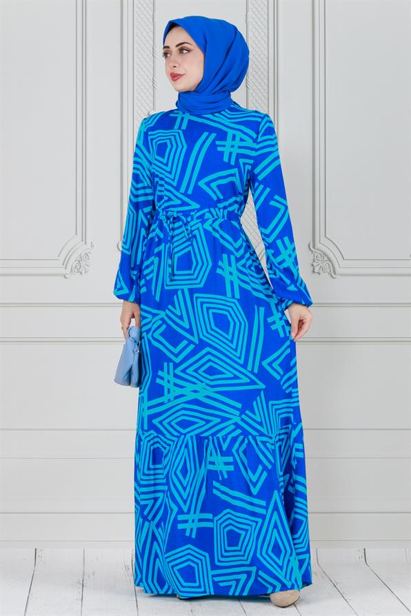 فستان فيسكوز منقوش هندسيًا  - لون أزرق