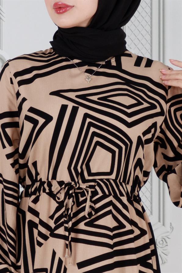 فستان فيسكوز منقوش هندسيًا  - لون مينك