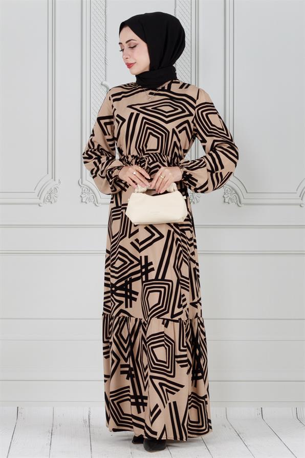 فستان فيسكوز منقوش هندسيًا  - لون مينك