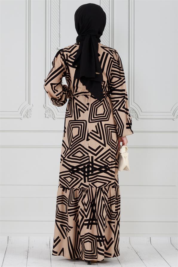 فستان فيسكوز منقوش هندسيًا  - لون مينك