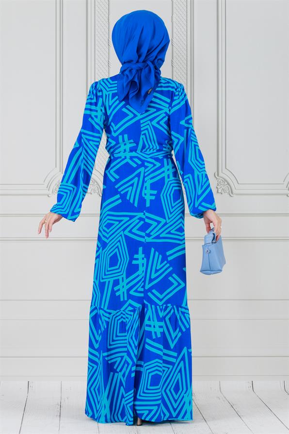 فستان فيسكوز منقوش هندسيًا  - لون أزرق