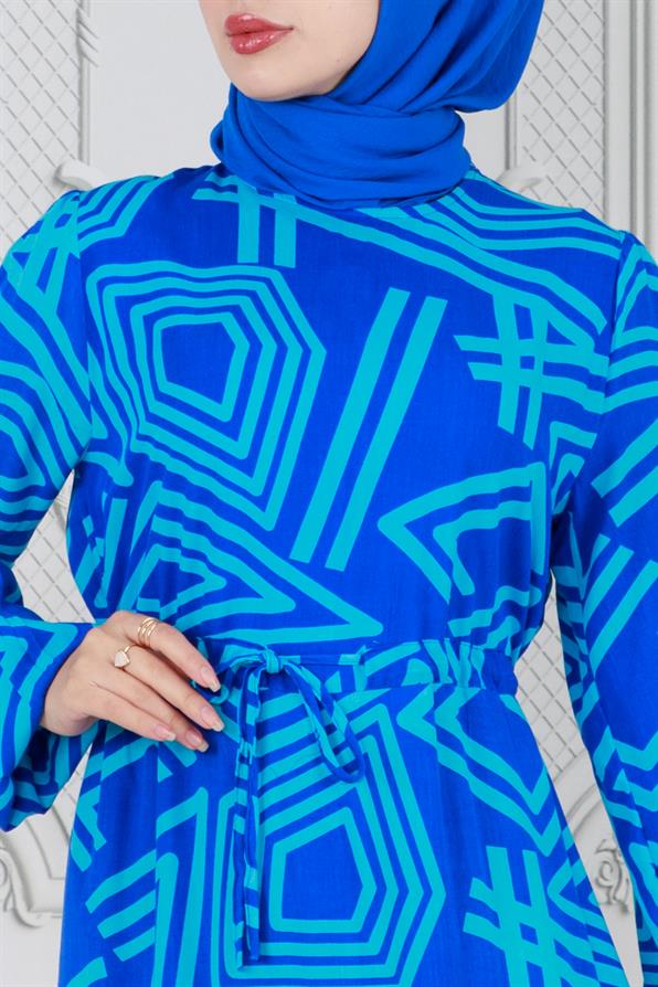فستان فيسكوز منقوش هندسيًا  - لون أزرق