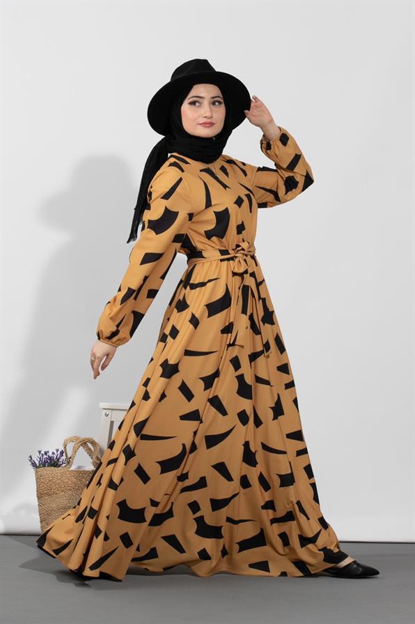 Geometrik Desenli elbise-Hardal