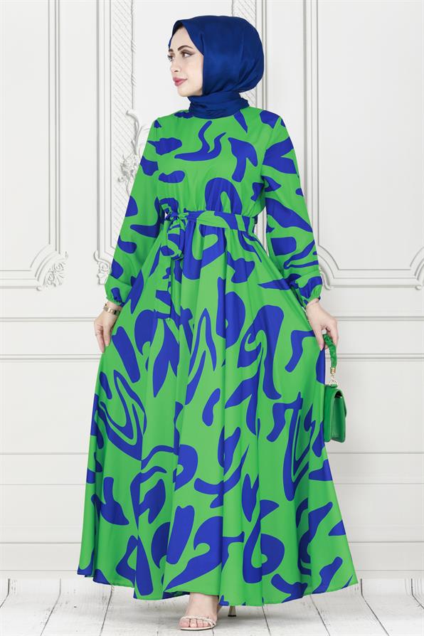 Geometrik Desenli elbise-Mavi