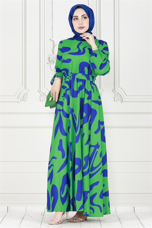 Geometrik Desenli elbise-Mavi