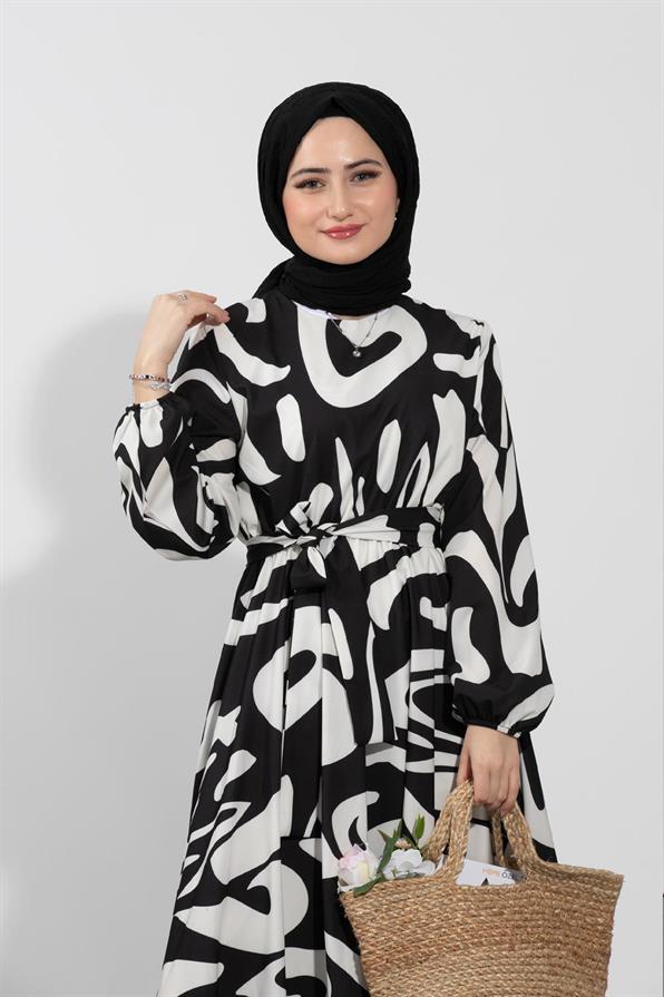 فستان بنمط هندسي-اللون الأسود