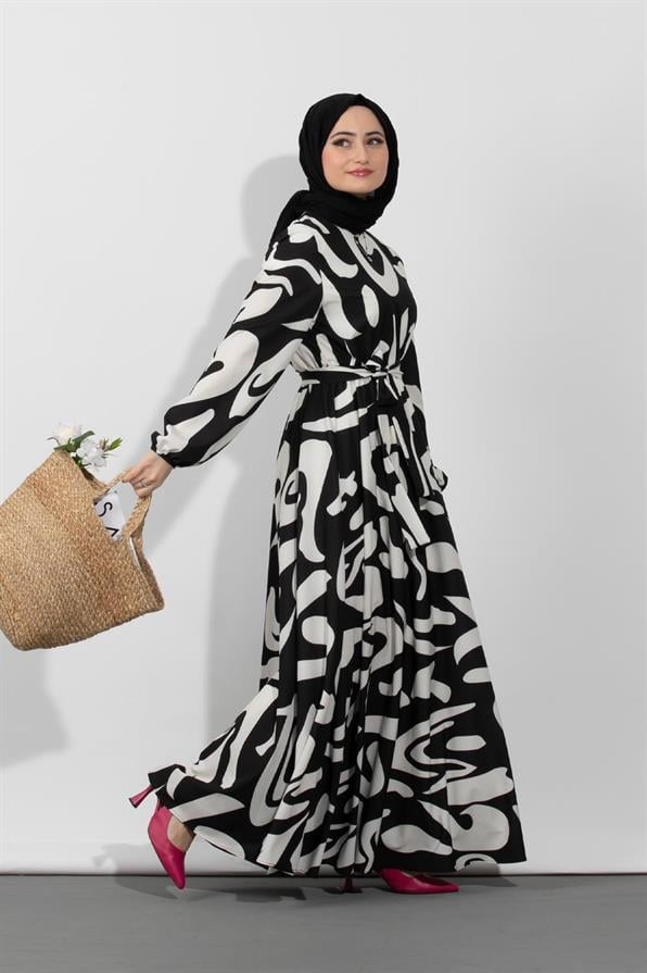 فستان بنمط هندسي-اللون الأسود