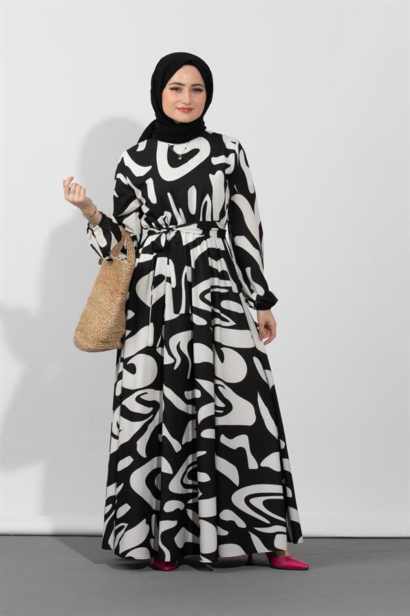 فستان بنمط هندسي-اللون الأسود