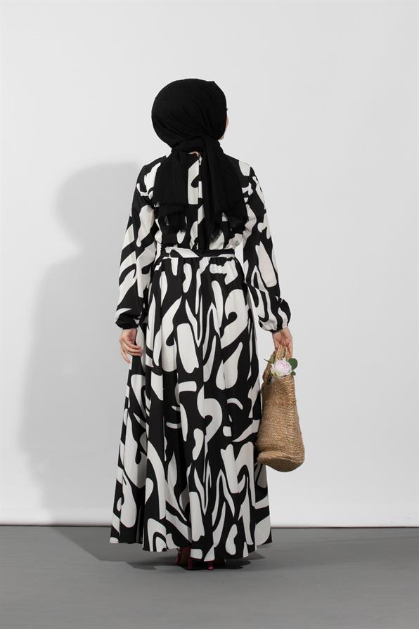 فستان بنمط هندسي-اللون الأسود