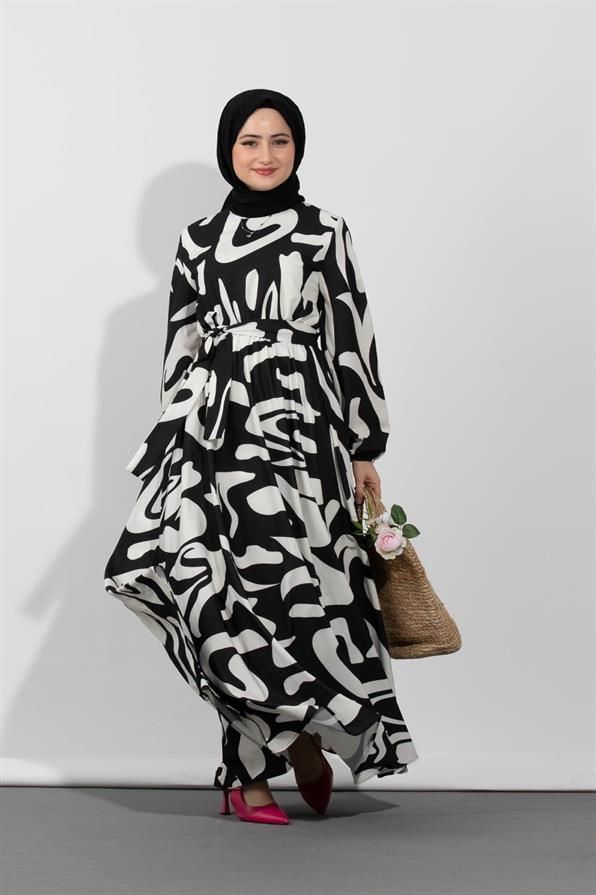 فستان بنمط هندسي-اللون الأسود