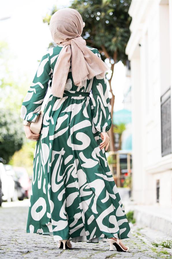 Geometrik Desenli elbise-Yeşil