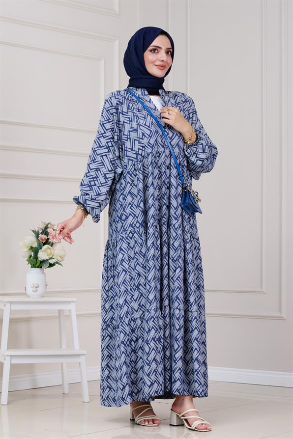 Geometrik Yarım Düğmeli Robalı Elbise-Lacivert