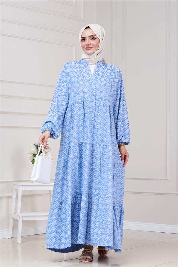 Geometrik Yarım Düğmeli Robalı Elbise-Mavi