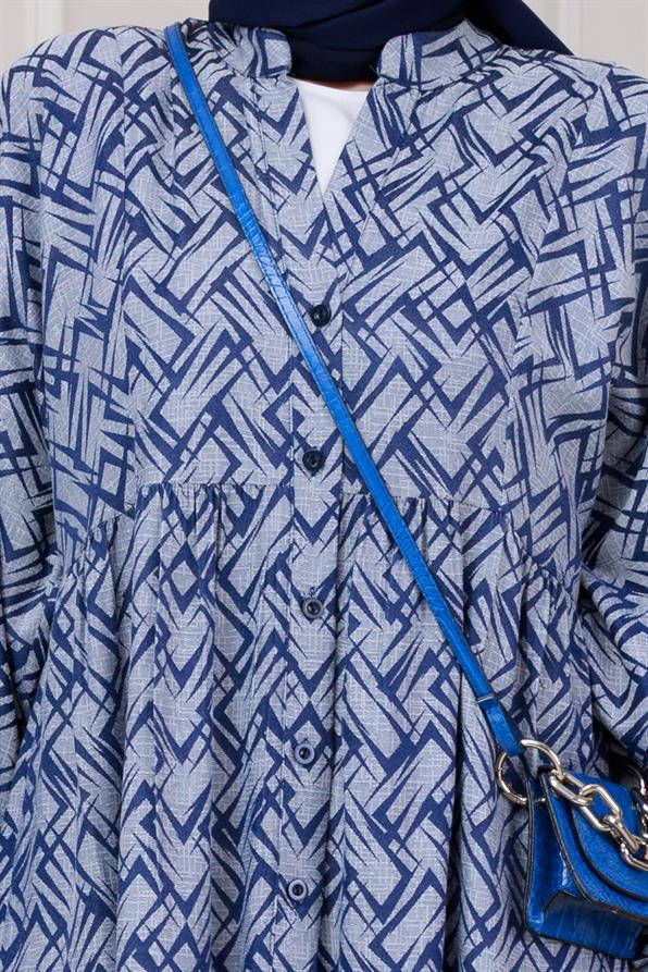 Geometrik Yarım Düğmeli Robalı Elbise-Lacivert