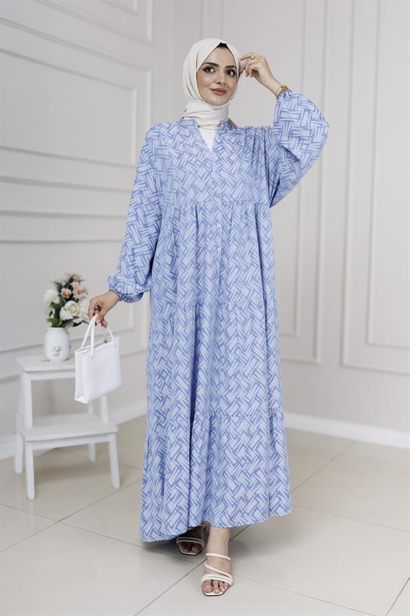 Geometrik Yarım Düğmeli Robalı Elbise-Mavi