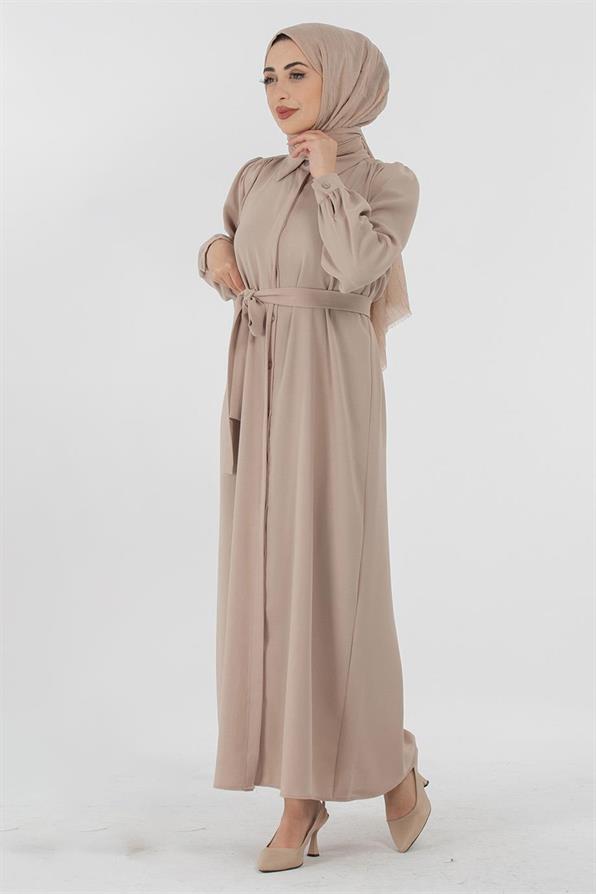 Hidden Button Dress - Beige