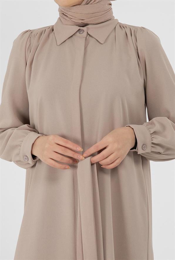 Hidden Button Dress - Beige