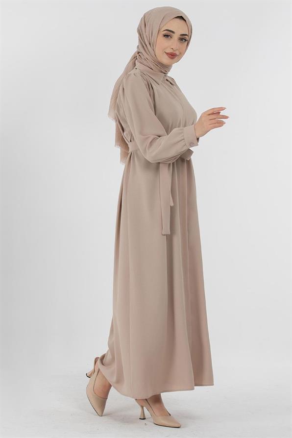 Hidden Button Dress - Beige