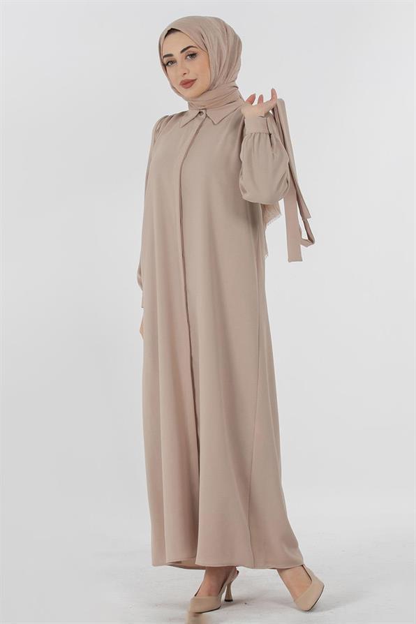 Hidden Button Dress - Beige