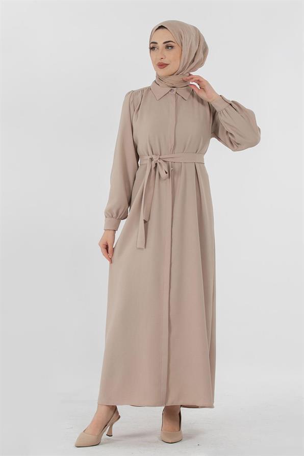 Hidden Button Dress - Beige