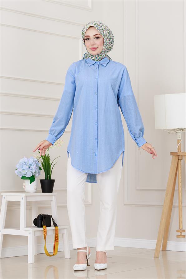 Göğüsü Taş Detaylı Oversize Tunik-Bebe mavi