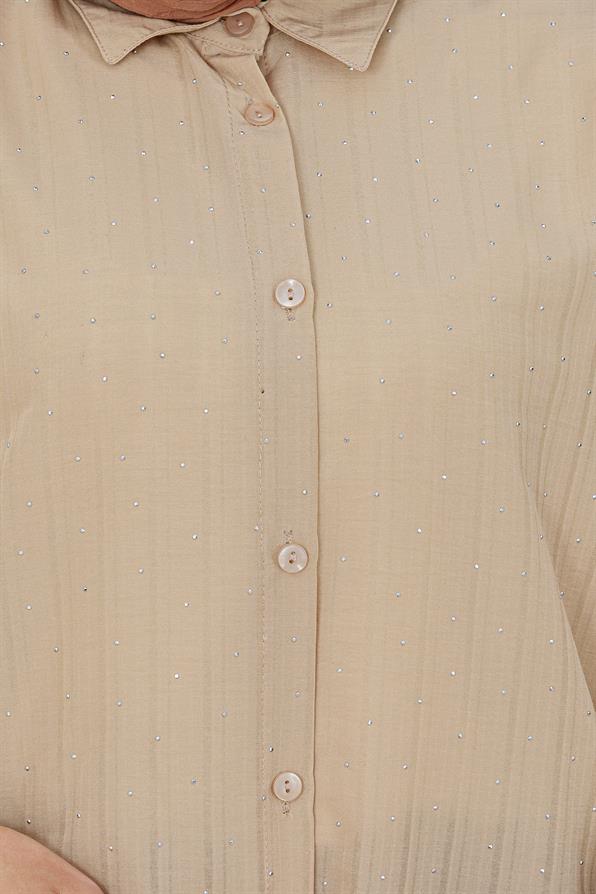Göğüsü Taş Detaylı Oversize Tunik-Bej