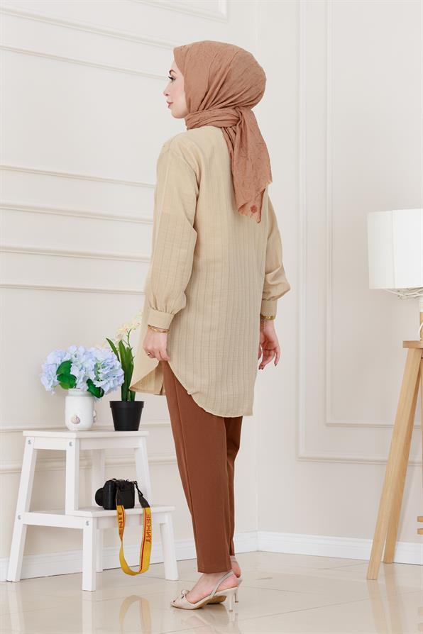 Göğüsü Taş Detaylı Oversize Tunik-Bej