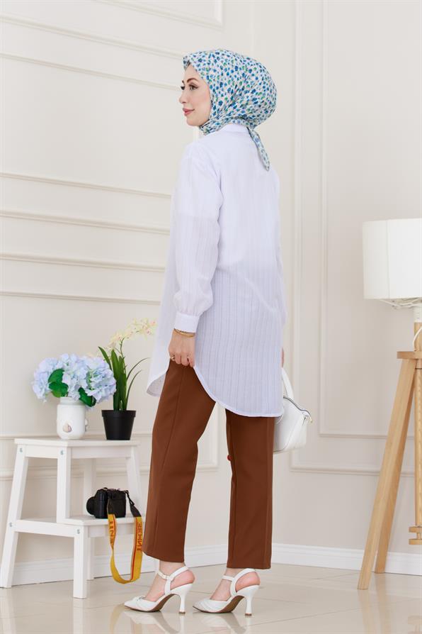 Göğüsü Taş Detaylı Oversize Tunik-Beyaz