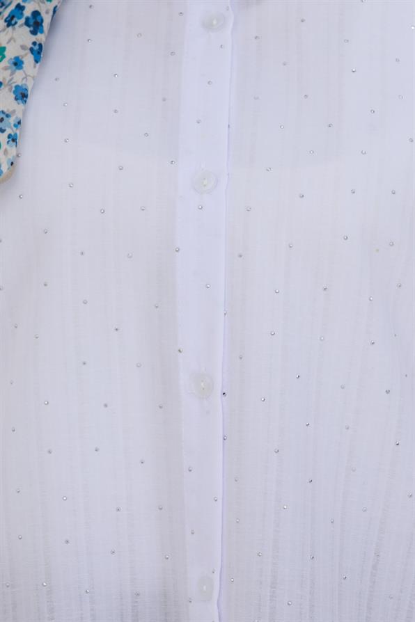 Göğüsü Taş Detaylı Oversize Tunik-Beyaz