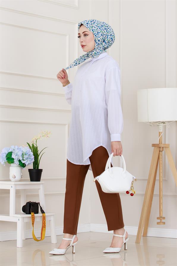 Göğüsü Taş Detaylı Oversize Tunik-Beyaz