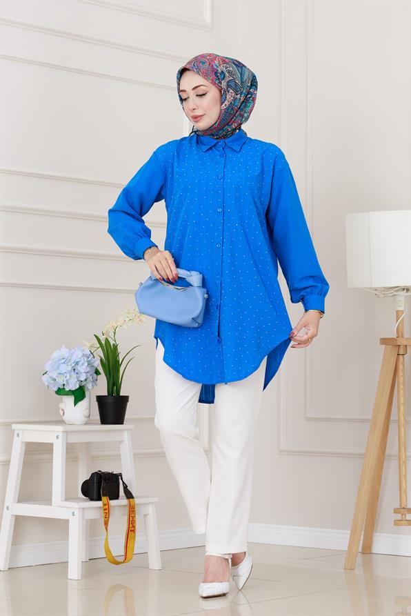 Göğüsü Taş Detaylı Oversize Tunik-Mavi