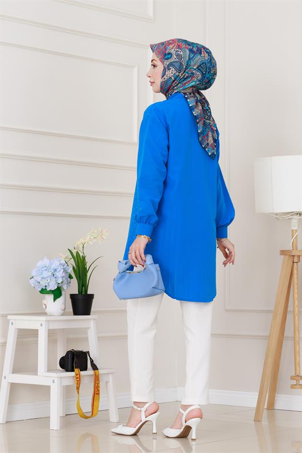 Göğüsü Taş Detaylı Oversize Tunik-Mavi