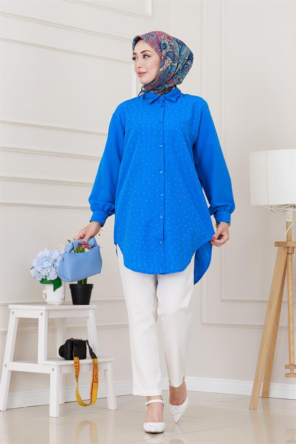 Göğüsü Taş Detaylı Oversize Tunik-Mavi